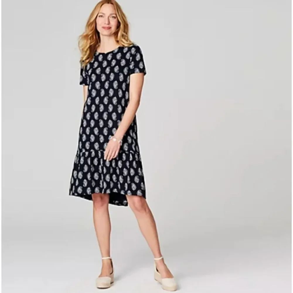 J.Jill Navy Elliptical Knit Paisley Print Flounced Hem Dress Short Sleeve Size L